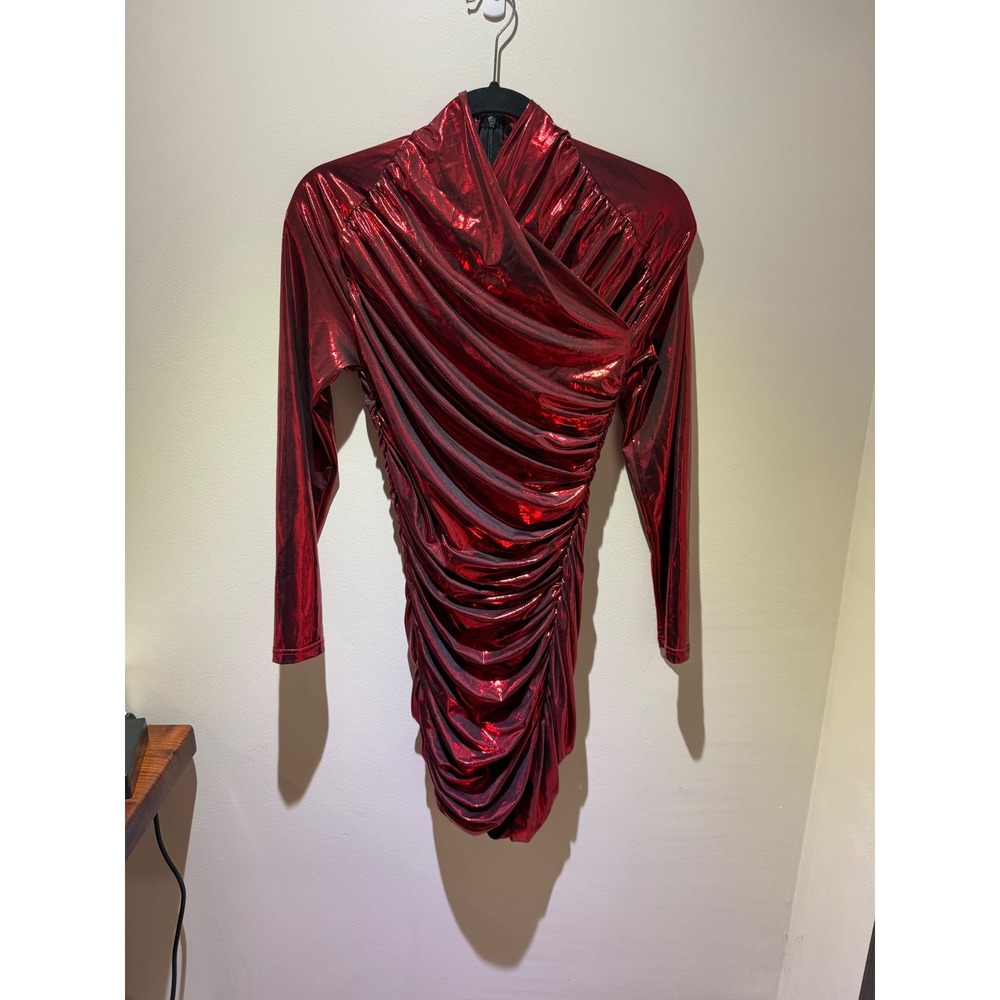 Red/Burgundy Liquid Metallic Ruched Mini Bodycon Dress Designer Inspired